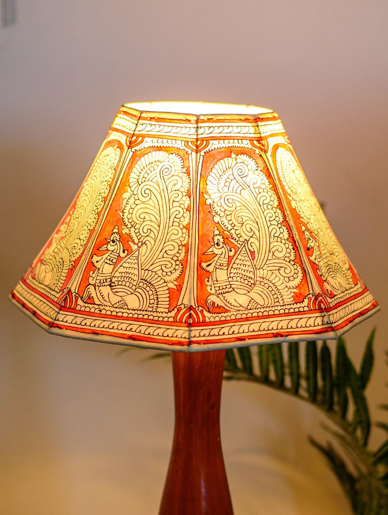 Andhra Leather Craft Table Lamp Shade - Red & White Peacock