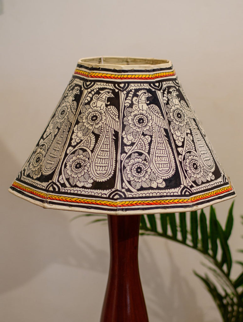 Andhra Leather Craft Table Lamp Shade - White & Black Peacock