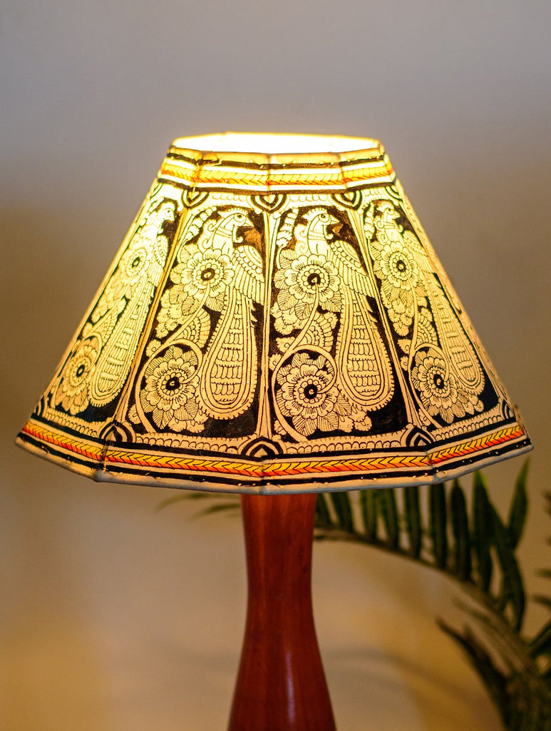 Andhra Leather Craft Table Lamp Shade - White & Black Peacock