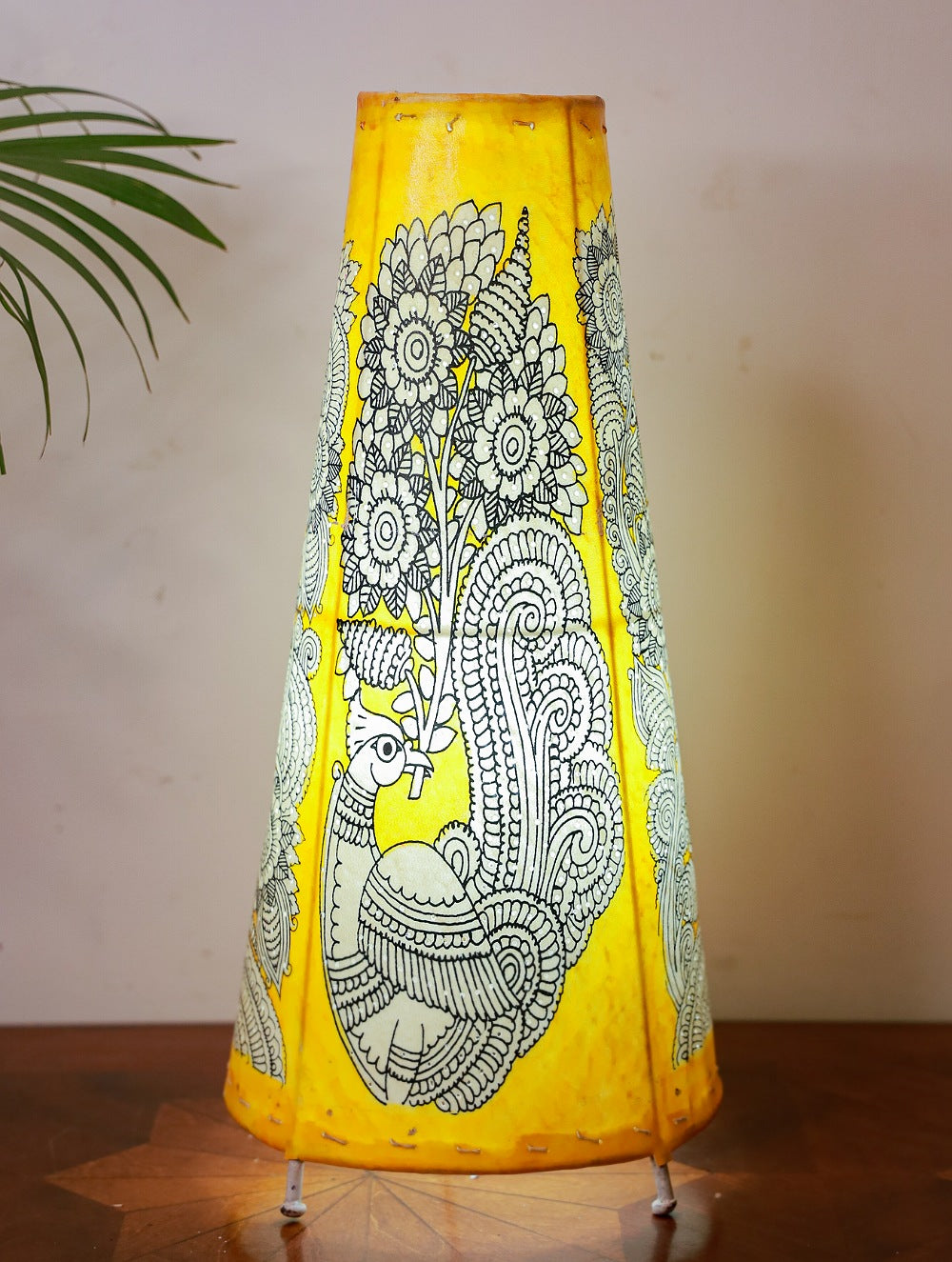 Load image into Gallery viewer, Andhra Leather Craft Yellow Lamp Shade - Peacocks
