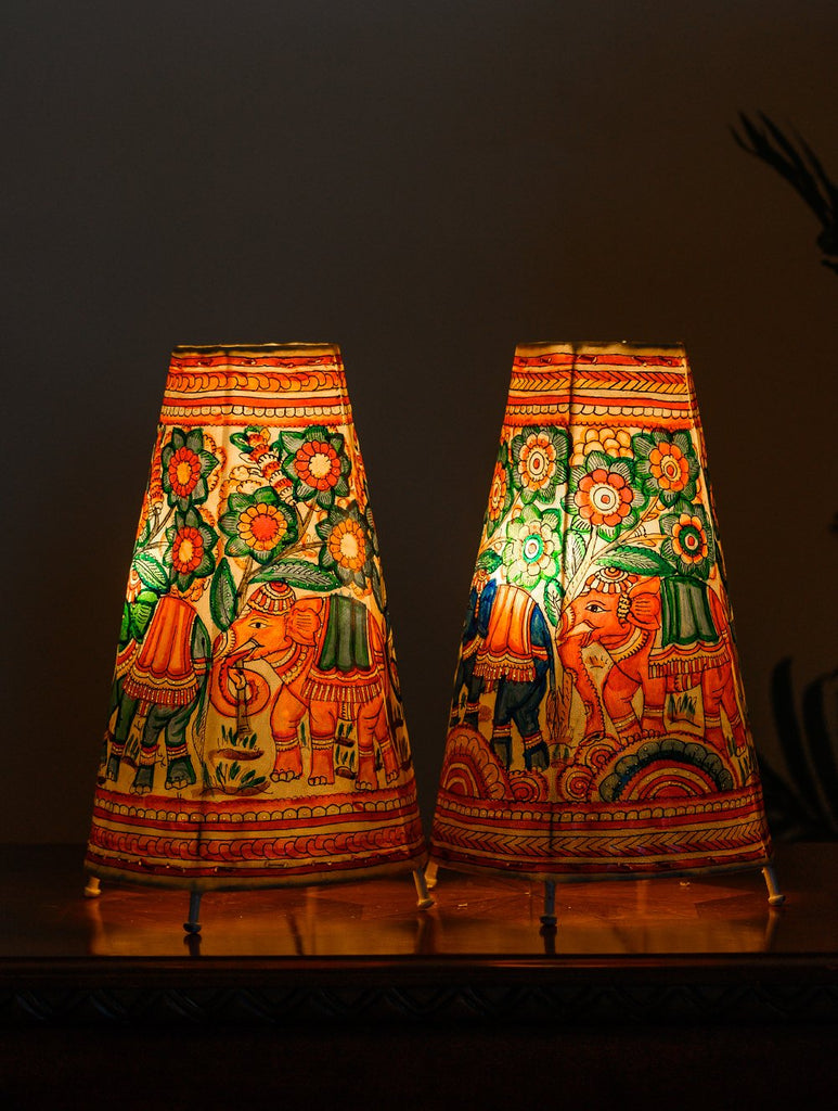 Andhra Leather Craft Lamp Shade, Medium (13"x 8"/ Set of 2) - Elephants