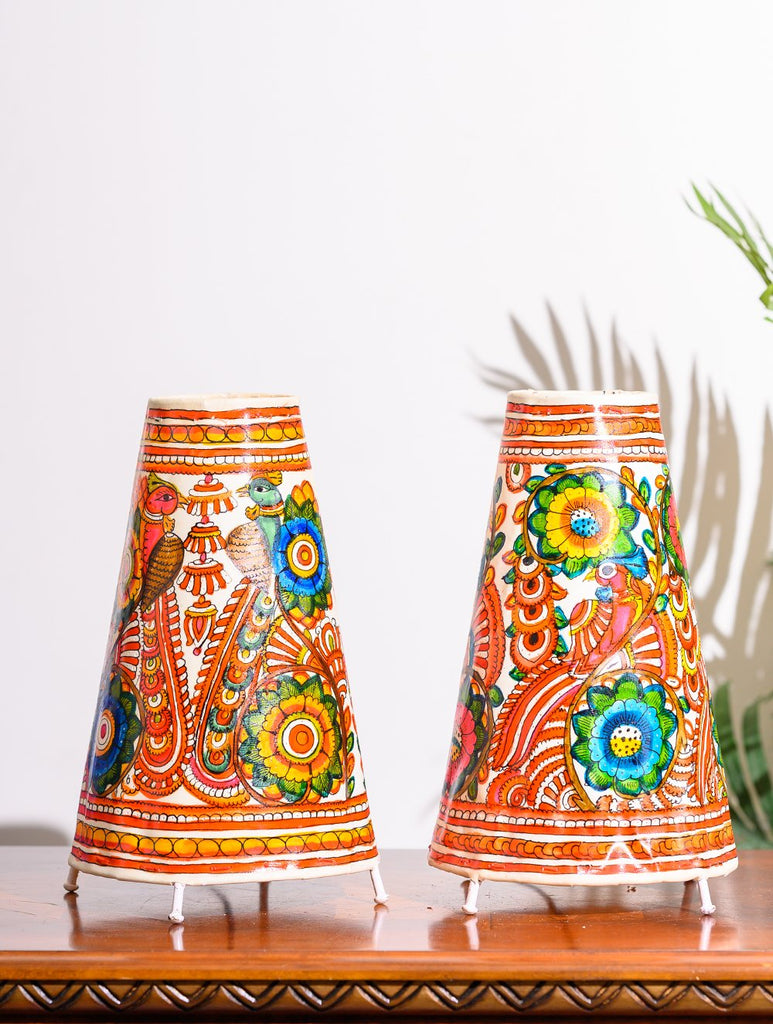 Andhra Leather Craft Lamp Shade, Medium (13"x 8"/ Set of 2) - Flora & Peacocks