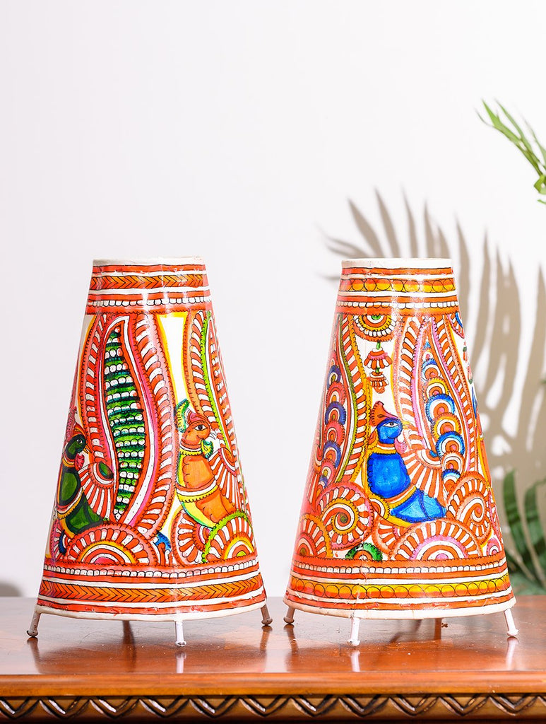 Andhra Leather Craft Lamp Shade, Medium (13"x 8"/ Set of 2) - Peacocks