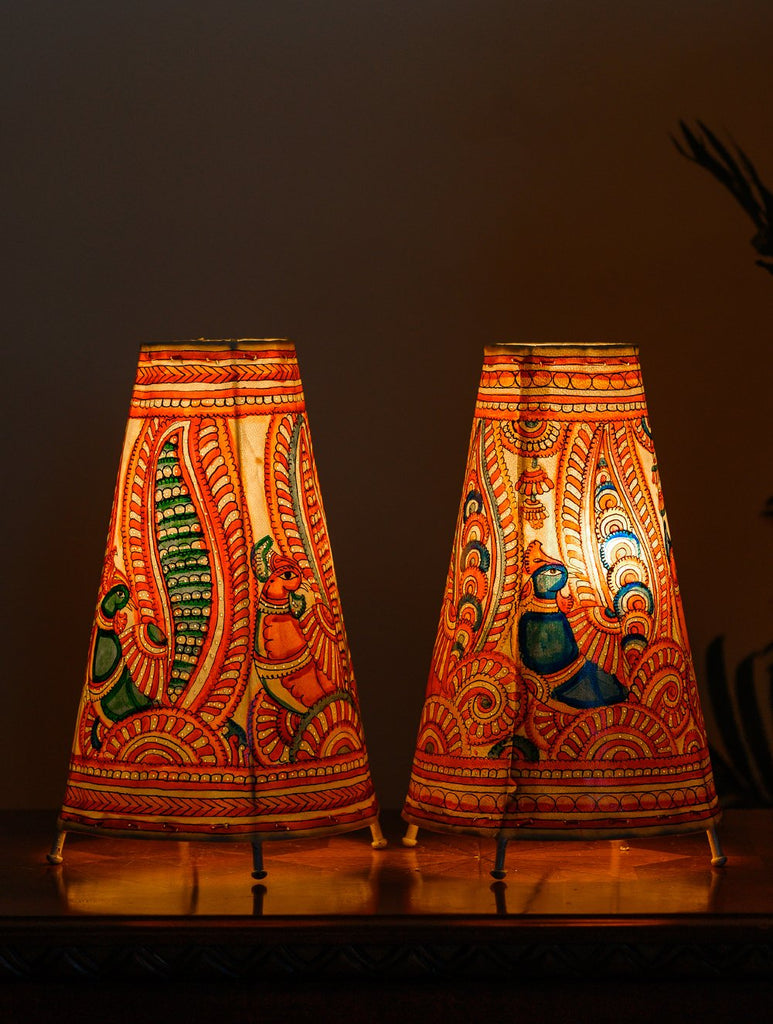 Andhra Leather Craft Lamp Shade, Medium (13"x 8"/ Set of 2) - Peacocks