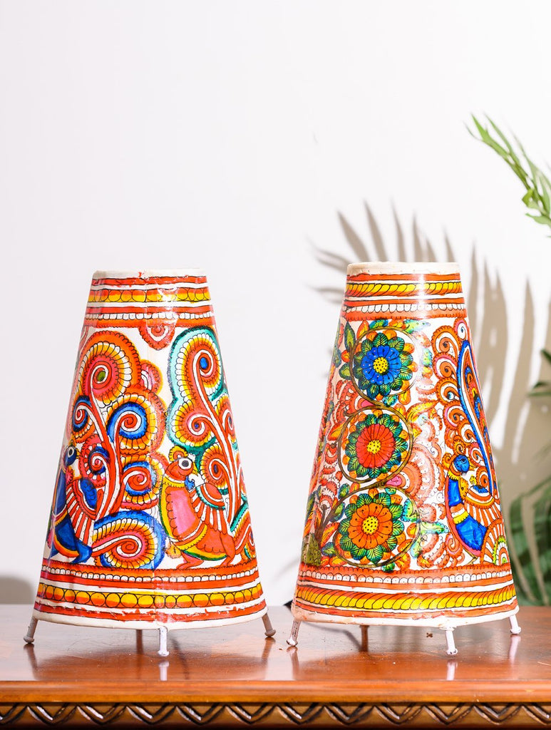 Andhra Leather Craft Lamp Shade, Medium (13"x 8"/ Set of 2) - Peacocks & Flora