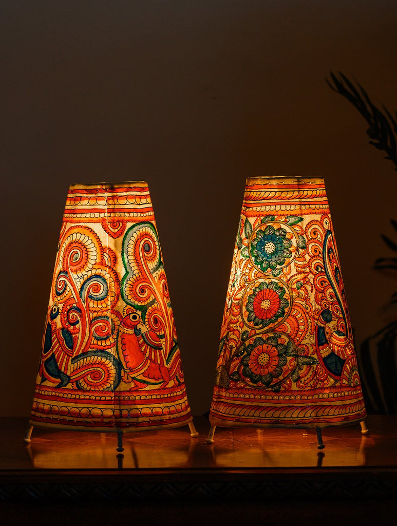 Andhra Leather Craft Lamp Shade, Medium (13"x 8"/ Set of 2) - Peacocks & Flora