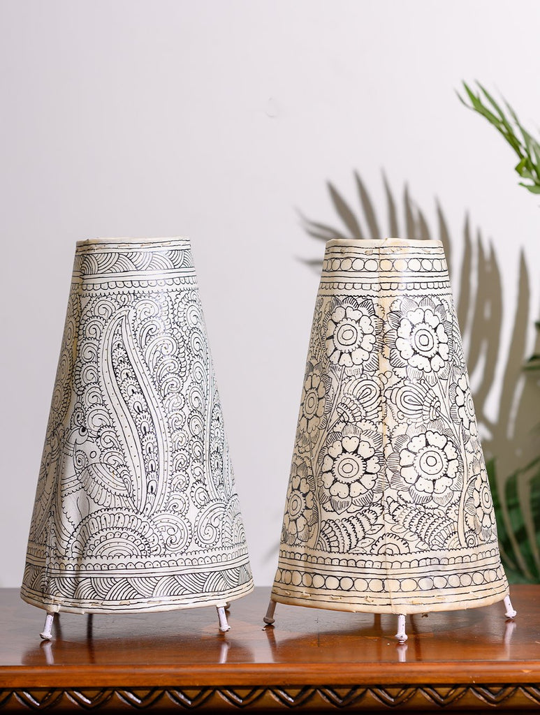 Andhra Leather Craft Lamp Shade, Medium (13"x 8"/ Set of 2) - White Peacocks