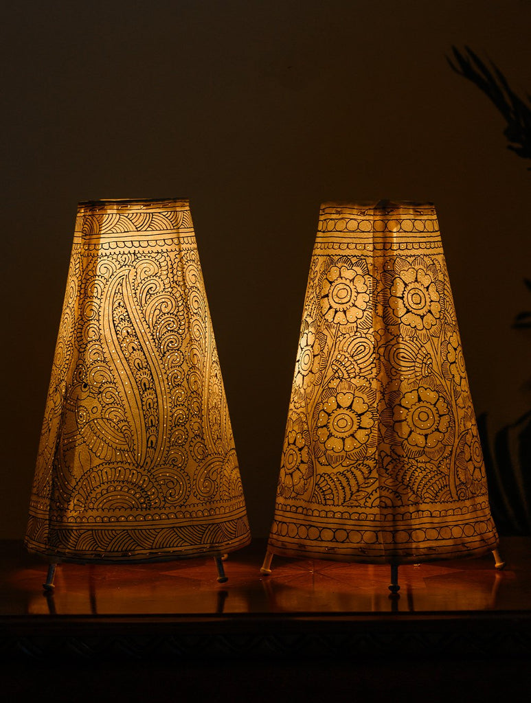 Andhra Leather Craft Lamp Shade, Medium (13"x 8"/ Set of 2) - White Peacocks