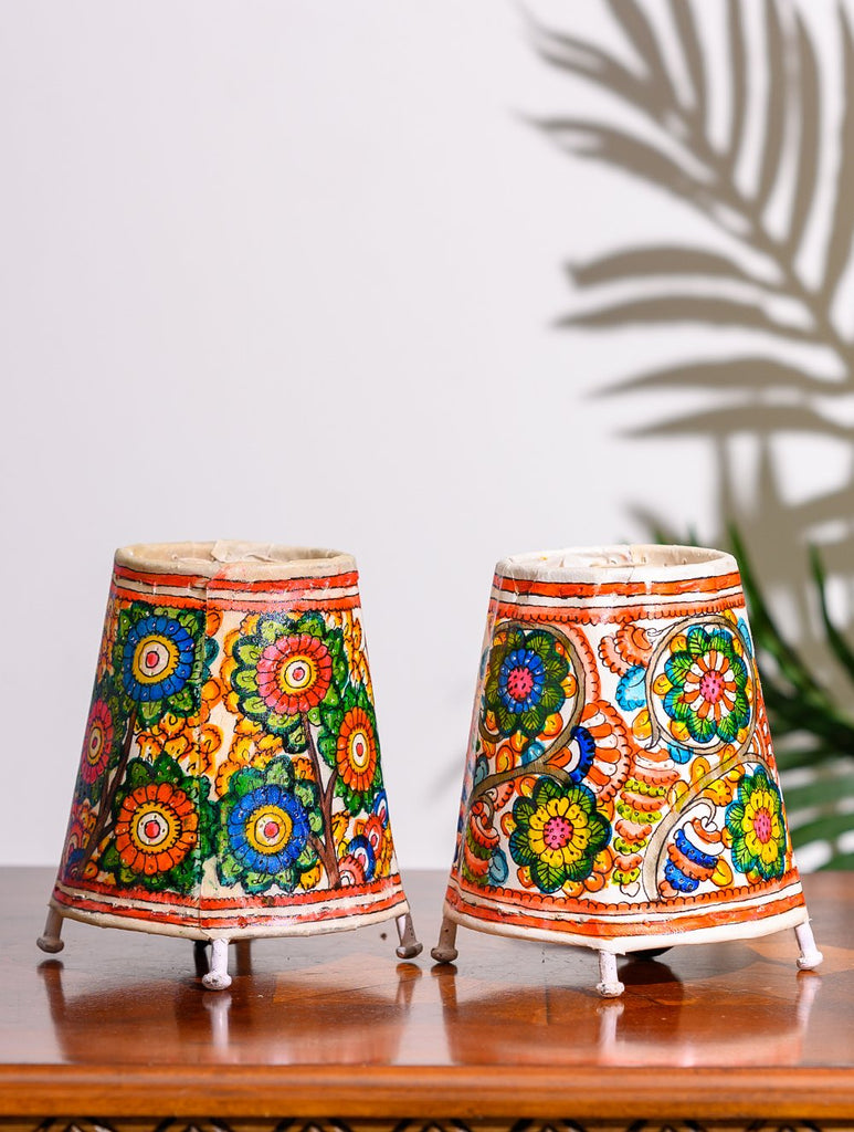 Andhra Leather Craft Lamp Shade, Small (6" x 4"/ Set of 2) - Flora