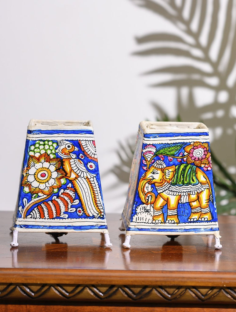 Andhra Leather Craft Lamp Shade, Small (6"x 4"/ Set of 2) - Blue Elephants
