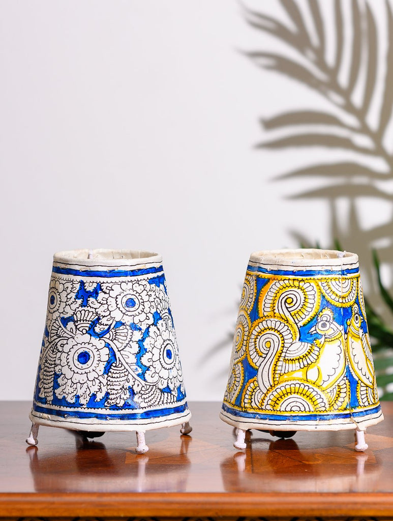 Andhra Leather Craft Lamp Shade, Small (6"x 4"/ Set of 2) - Blue Fauna