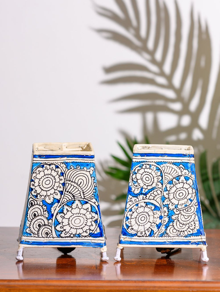 Andhra Leather Craft Lamp Shade, Small (6"x 4"/ Set of 2) - Blue Florals