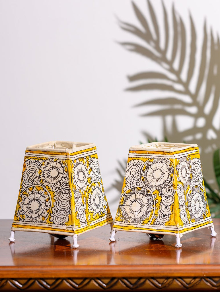 Andhra Leather Craft Lamp Shade, Small (6"x 4"/ Set of 2) - Yellow Floral