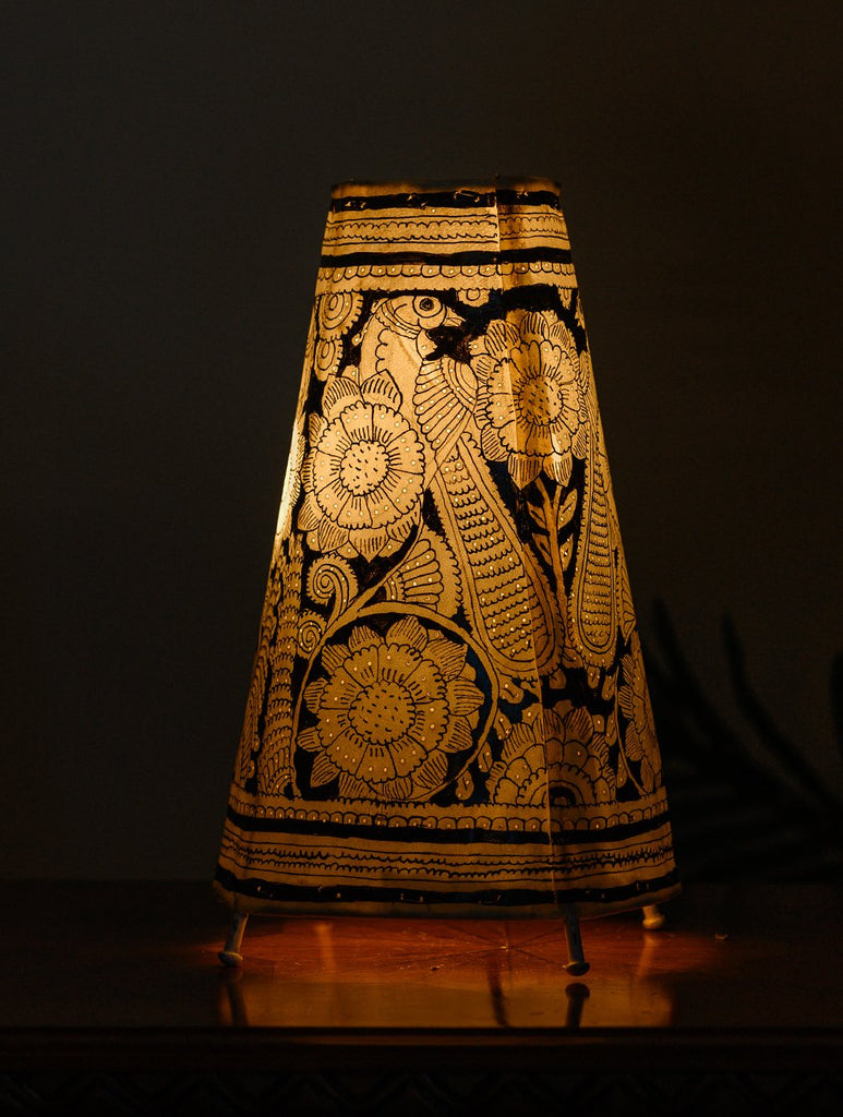 Andhra Leather Craft Table Lamp Shade, Medium (13"x 8") - Black Peacocks
