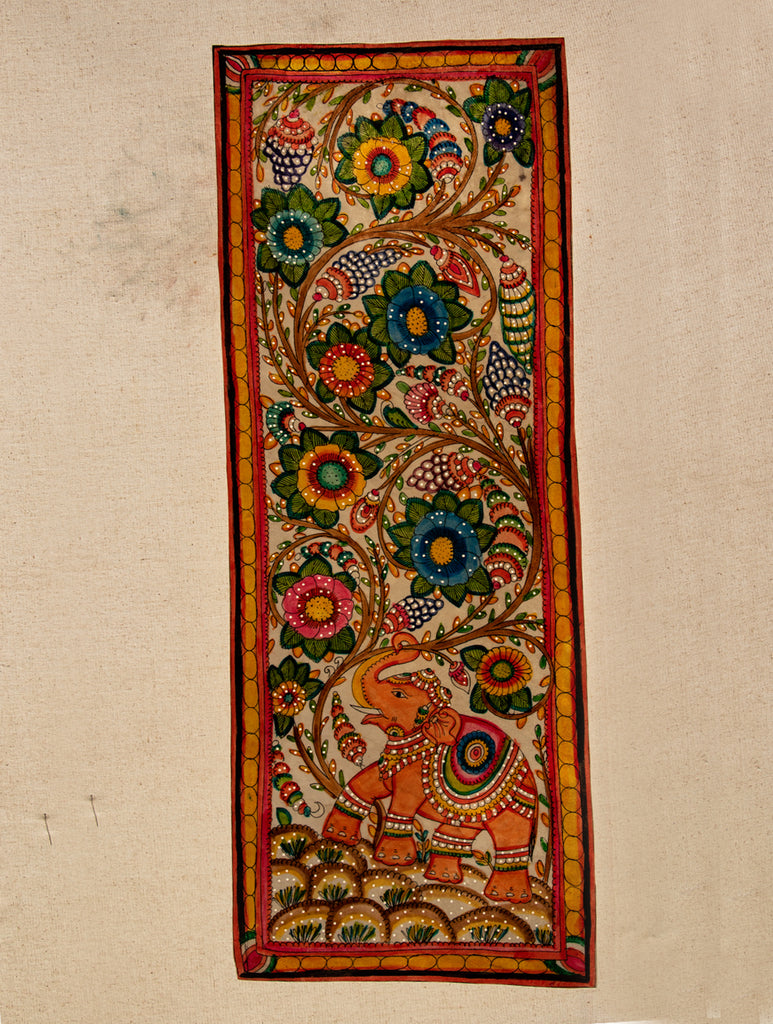 Andhra Leather Painted Wall Piece - Long Panel (Floral) - The India Craft House 