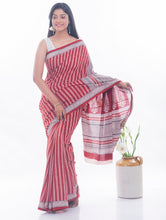 Load image into Gallery viewer, Bagh Hand Block Printed Cotton Saree - Red &amp; White Vine
