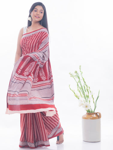 Bagh Hand Block Printed Cotton Saree - Red & White Vine