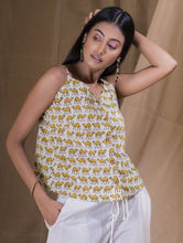 Load image into Gallery viewer, Bagru Block Printed Cami Top &amp; White Pants (Set of 2) - Yellow Camel