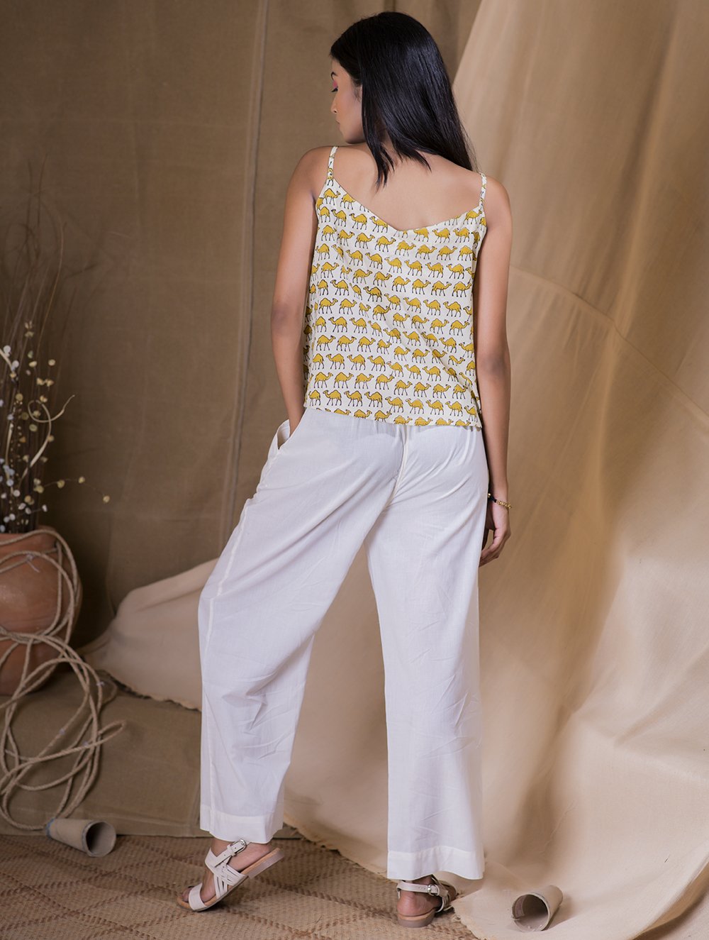 Load image into Gallery viewer, Bagru Block Printed Cami Top &amp; White Pants (Set of 2) - Yellow Camel