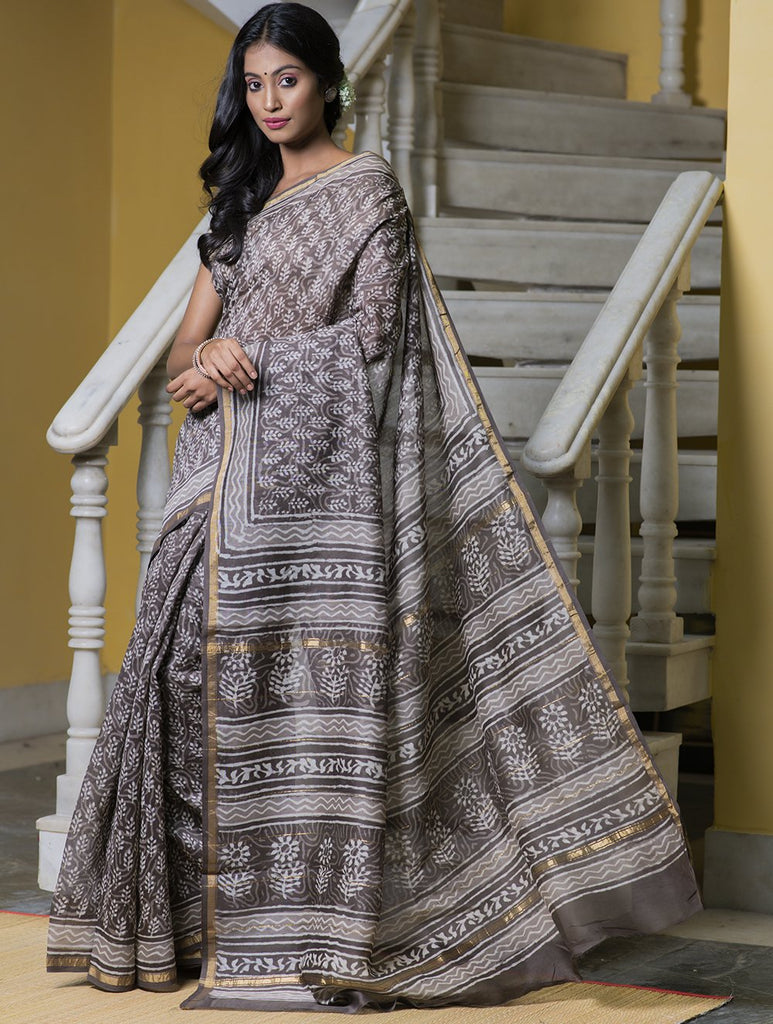 Bagru Block Printed Chanderi Saree - Bud (With Blouse Piece)