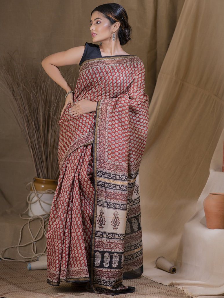 Bagru Block Printed Chanderi Saree - Floral Buds (With Blouse Piece)