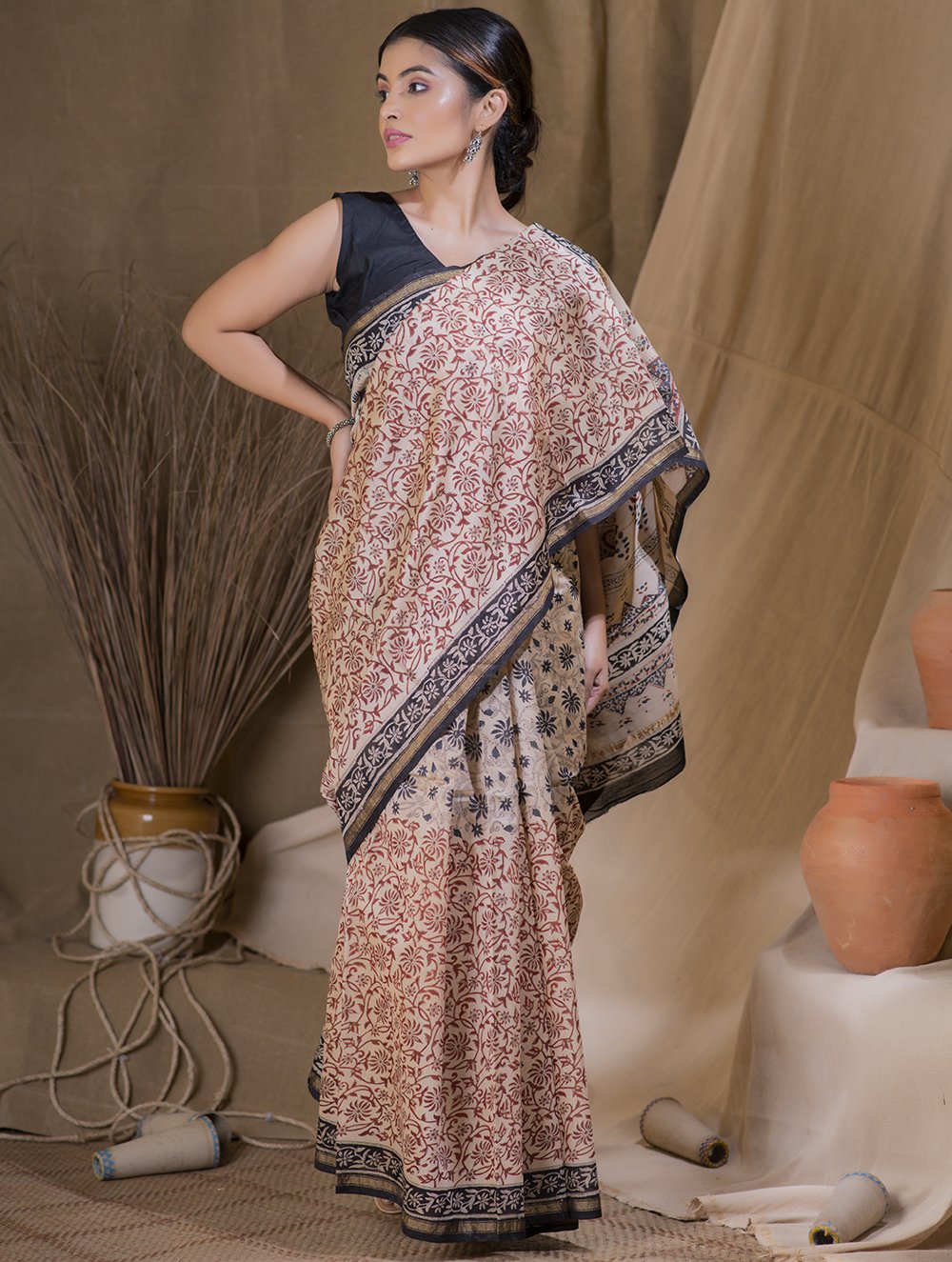 Load image into Gallery viewer, Bagru Block Printed Chanderi Saree - Floral Grace (With Blouse Piece)