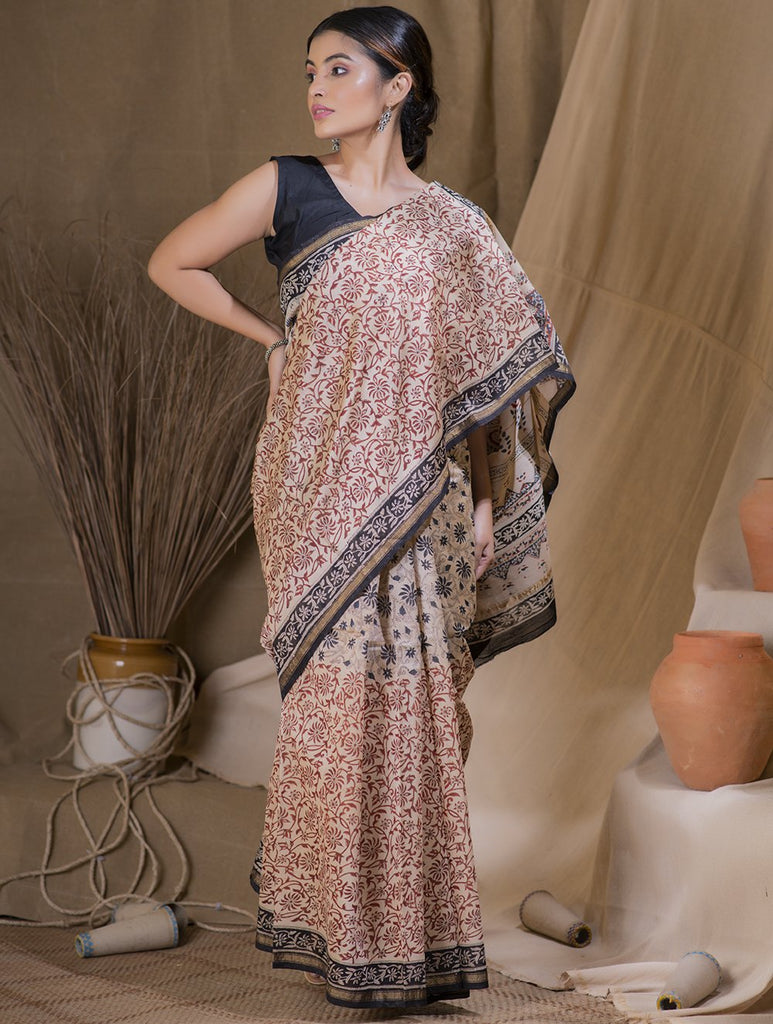 Bagru Block Printed Chanderi Saree - Floral Grace (With Blouse Piece)