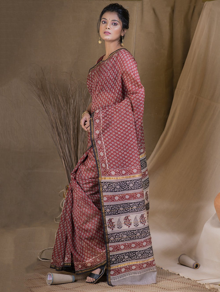 Bagru Block Printed Chanderi Saree - Floret (With Blouse Piece)