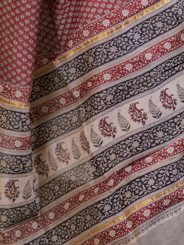 Bagru Block Printed Chanderi Saree - Floret (With Blouse Piece)