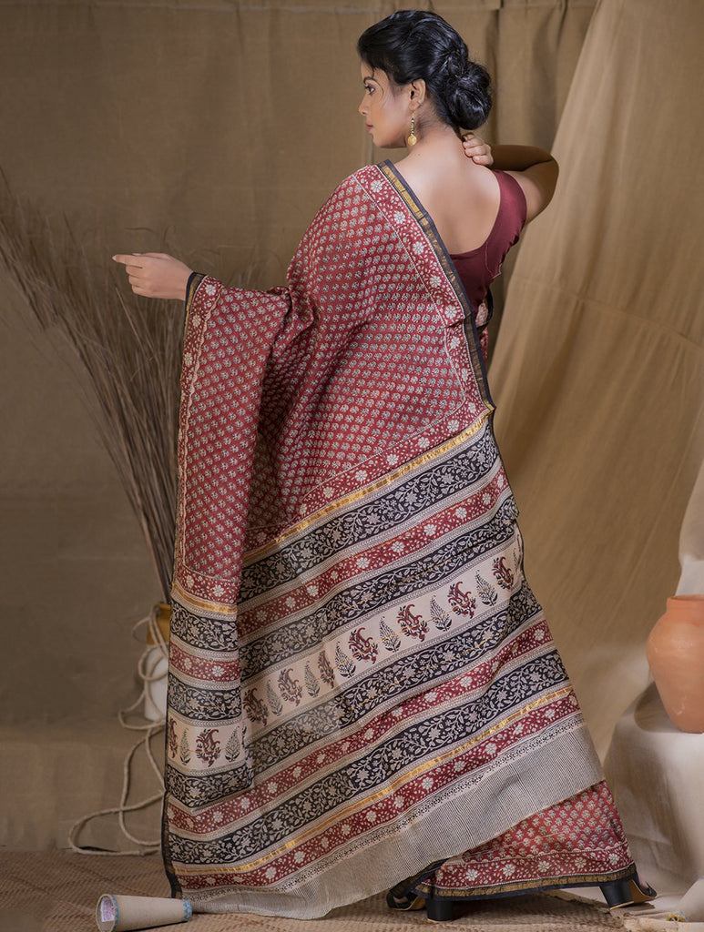 Bagru Block Printed Chanderi Saree - Floret (With Blouse Piece)