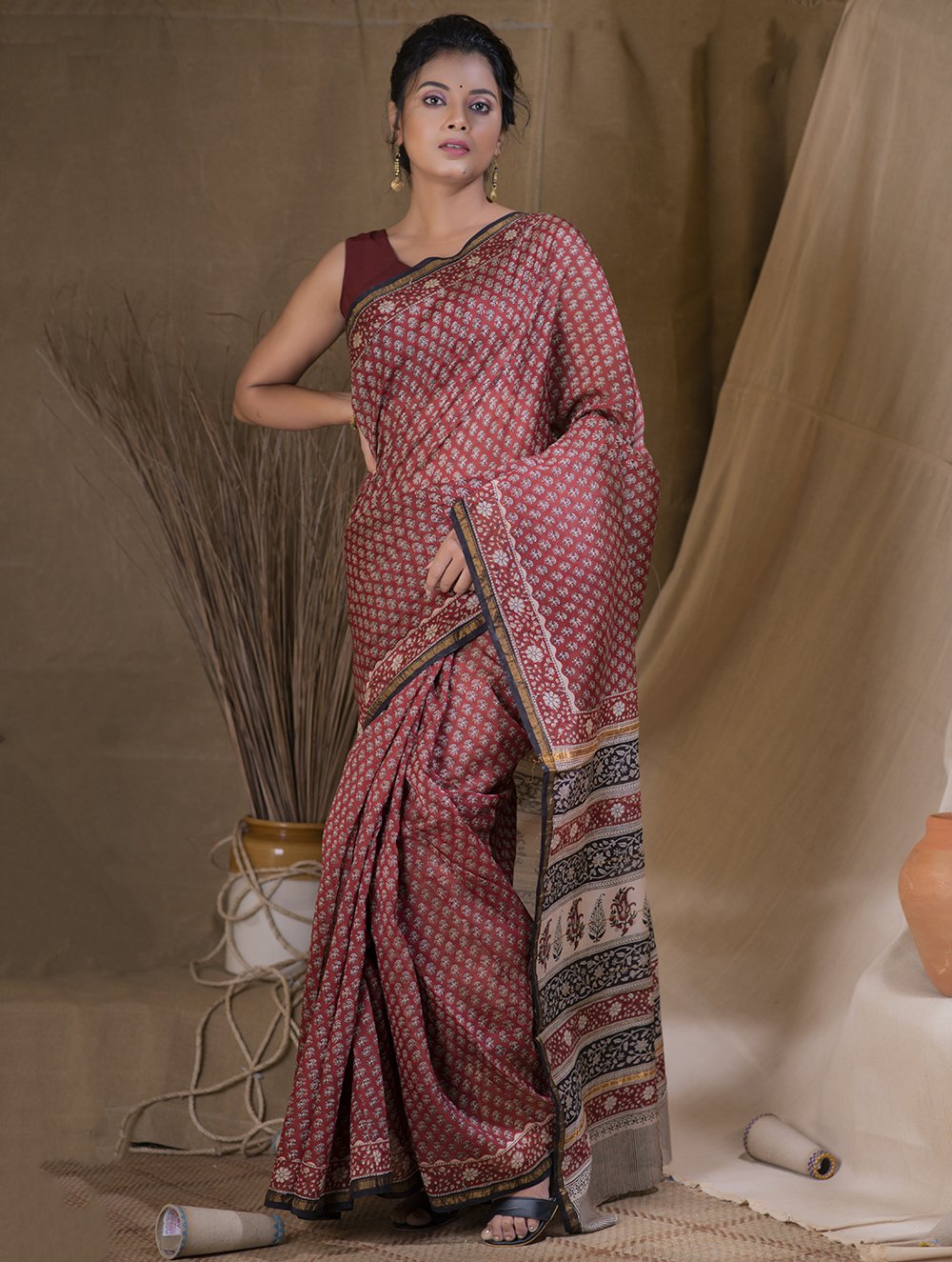 Load image into Gallery viewer, Bagru Block Printed Chanderi Saree - Floret (With Blouse Piece)