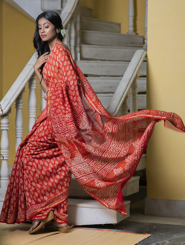 Bagru Block Printed Chanderi Saree - Leaf & Flowers (With Blouse Piece)