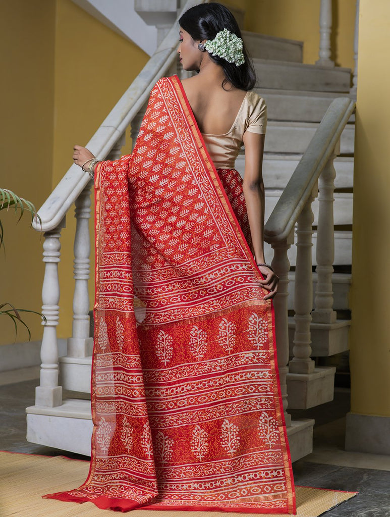 Bagru Block Printed Chanderi Saree - Leaf & Flowers (With Blouse Piece)