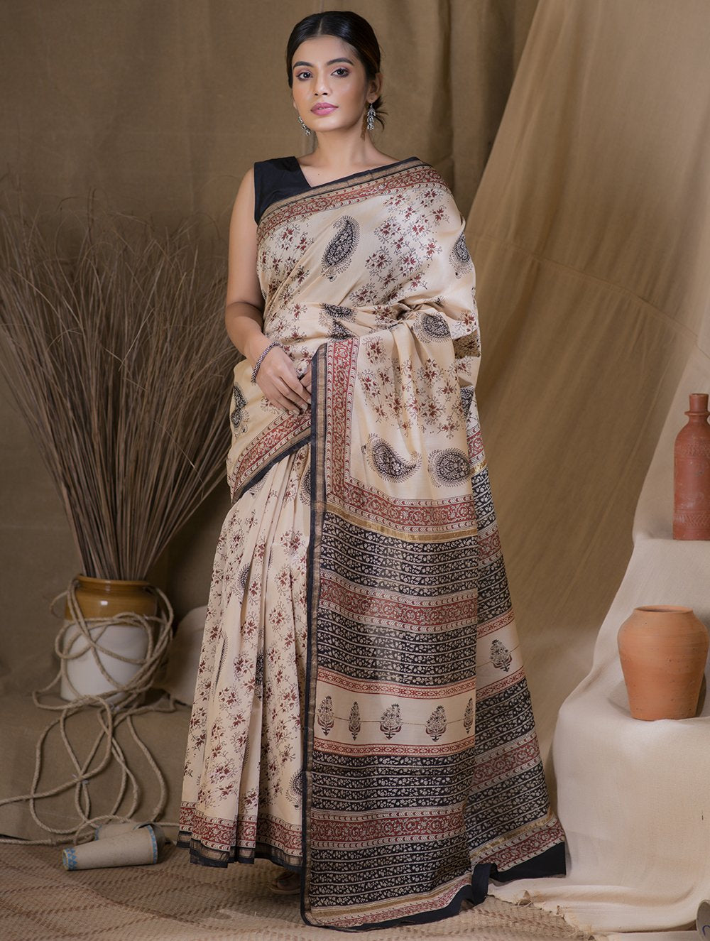 Load image into Gallery viewer, Bagru Block Printed Chanderi Saree - Paisley Fleurs (With Blouse Piece)