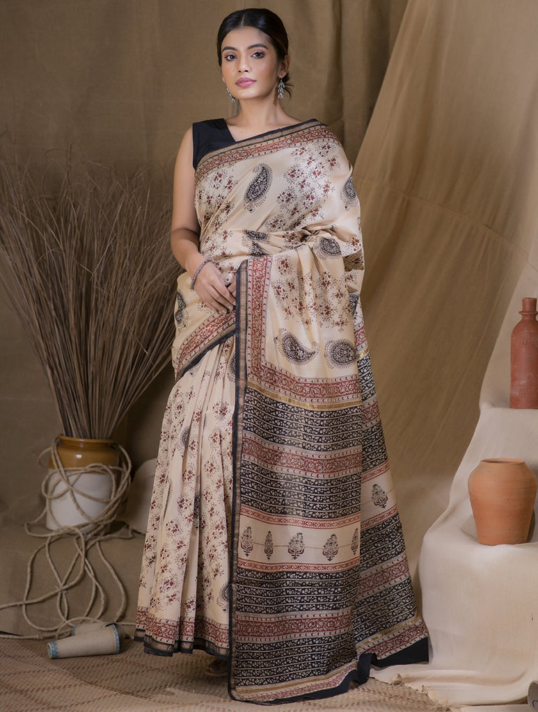 Bagru Block Printed Chanderi Saree - Paisley Fleurs (With Blouse Piece)