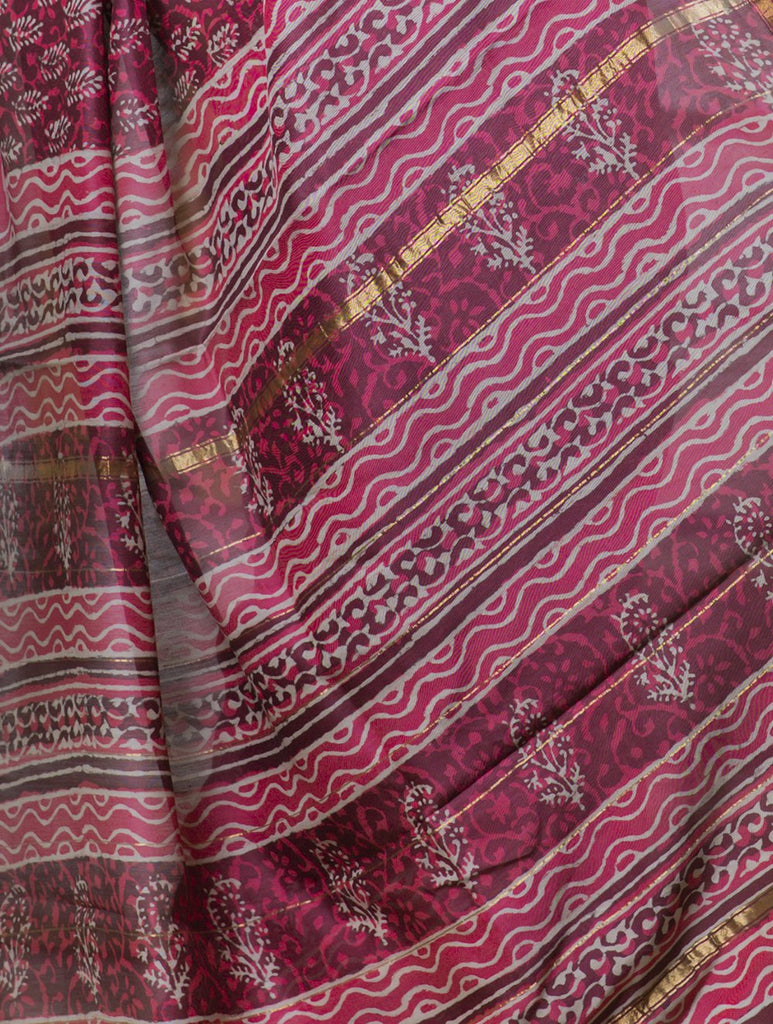 Bagru Block Printed Chanderi Saree - Pink Leaf (With Blouse Piece)