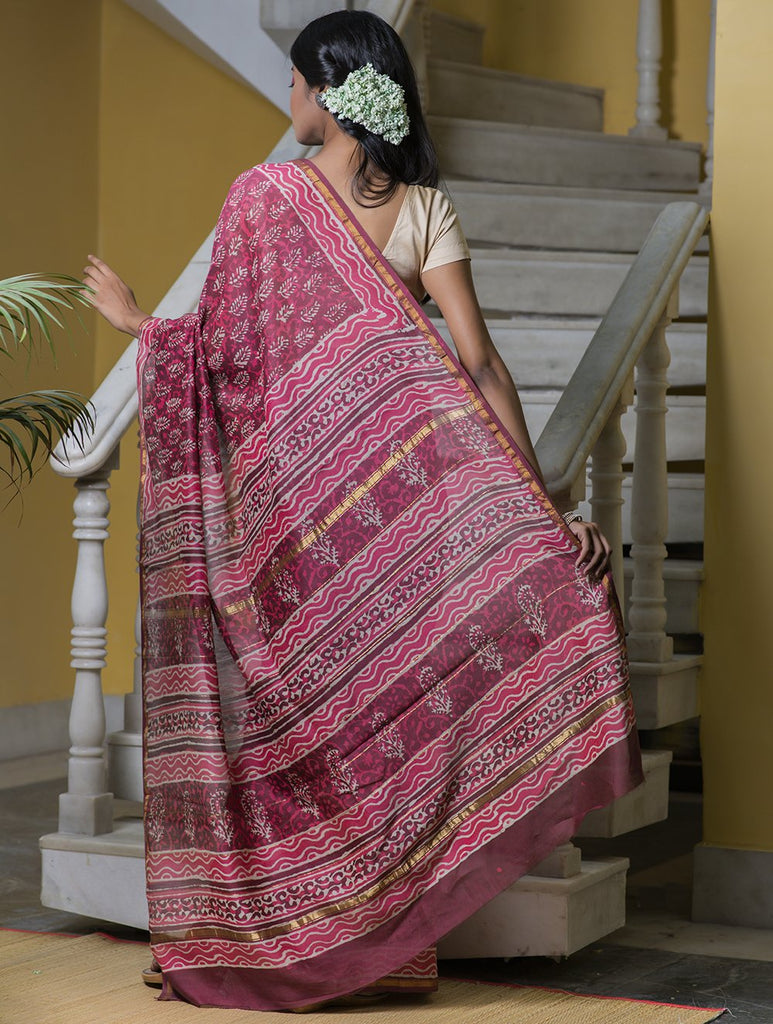 Bagru Block Printed Chanderi Saree - Pink Leaf (With Blouse Piece)