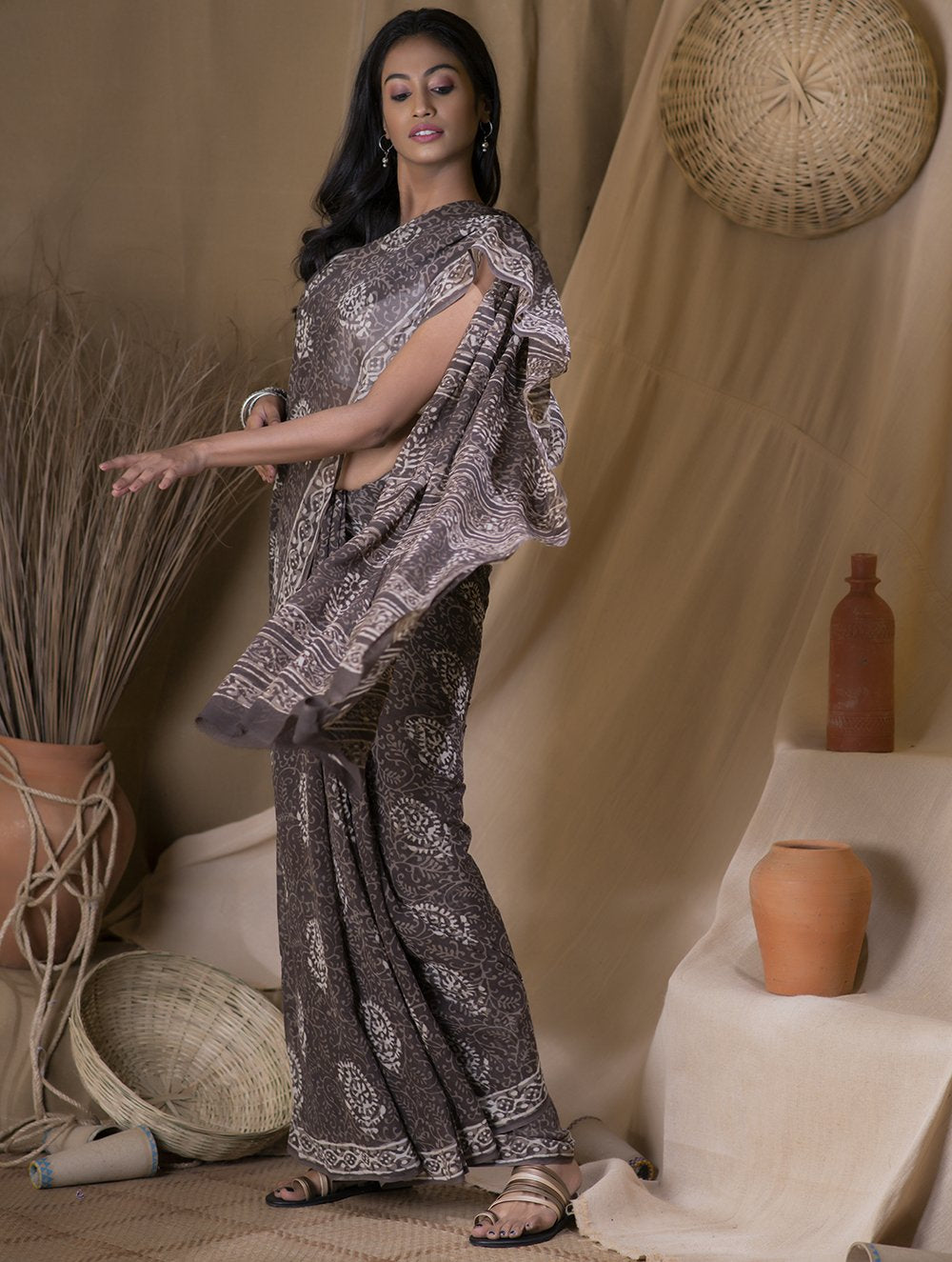 Load image into Gallery viewer, Bagru Block Printed Georgette Saree - Floral Ambi (With Blouse Piece)