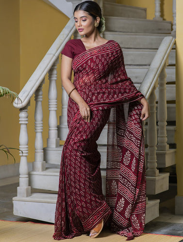 Bagru Block Printed Georgette Saree - Maroon & White