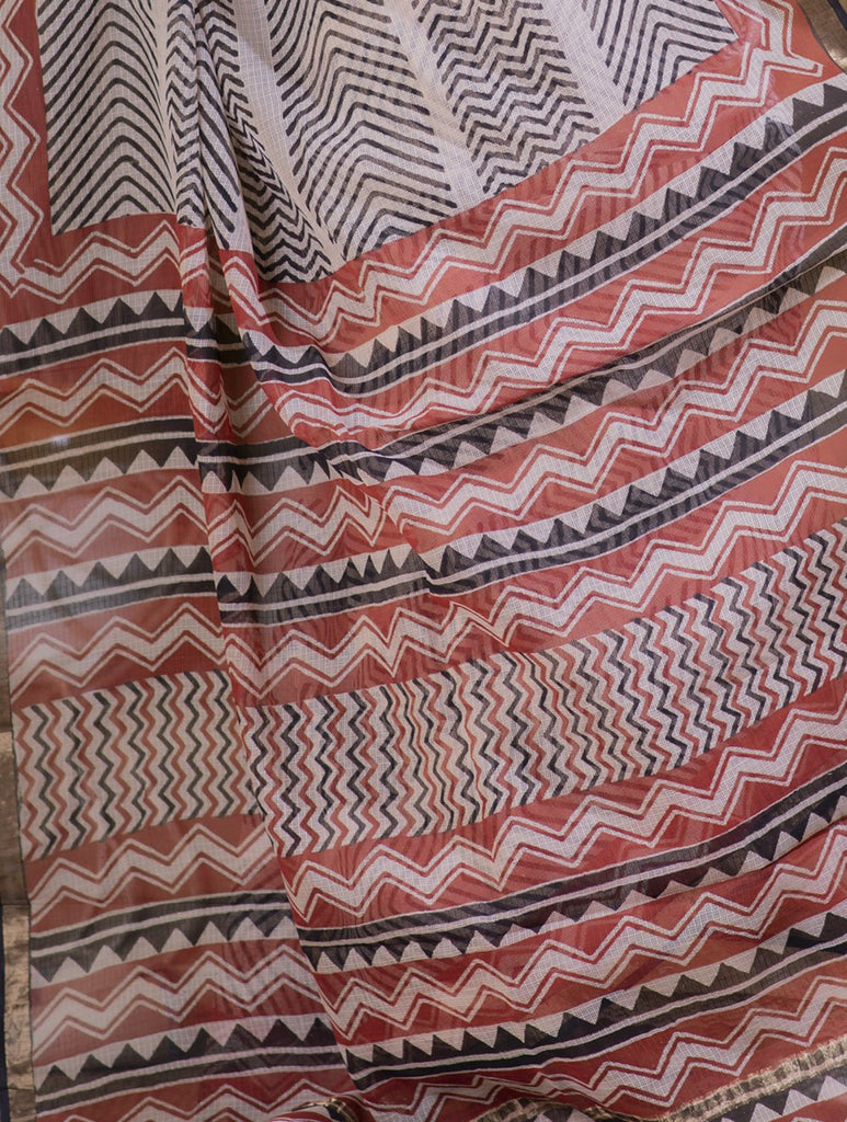 Bagru Block Printed Kota & Zari Border Saree - Aztec Pattern (Without Blouse Piece)