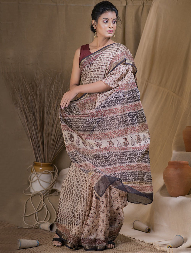 Bagru Block Printed  Maheshwari Saree - Floret Bloom (With Blouse Piece)