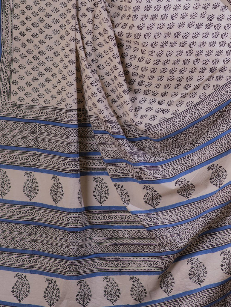 Bagru Block Printed Mul Cotton Saree - Black, Blue & Beige