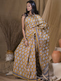 Bagru Block Printed Modal Silk Saree - Dull Mustard, Black & Beige