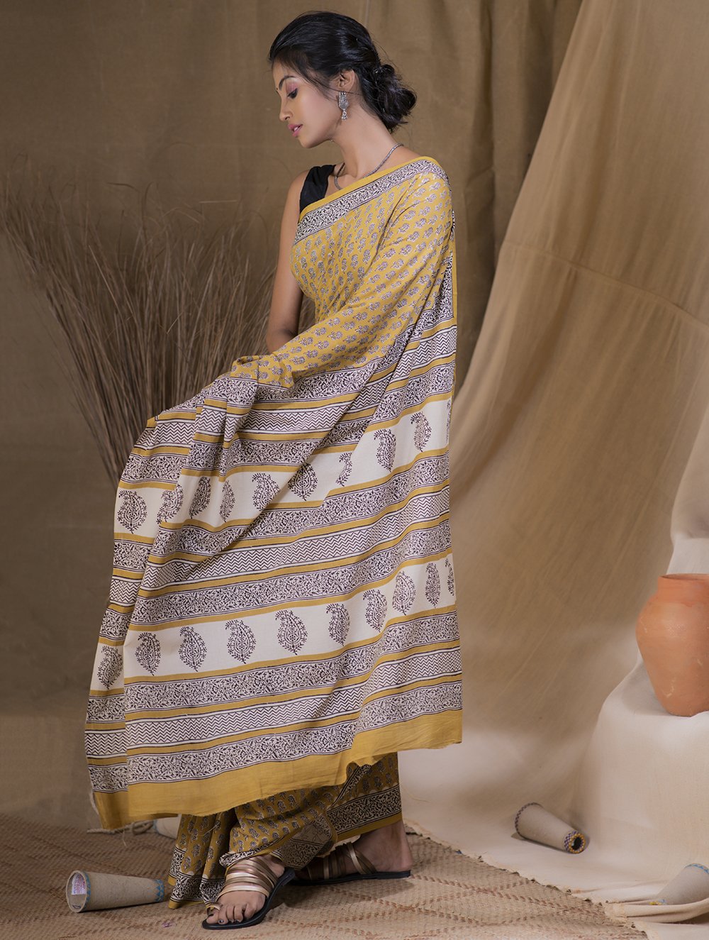 Load image into Gallery viewer, Bagru Block Printed Mul Cotton Saree - Mustard &amp; Black (With Blouse Piece)