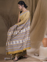 Load image into Gallery viewer, Bagru Block Printed Mul Cotton Saree - Mustard &amp; Black (With Blouse Piece)