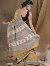 Load image into Gallery viewer, Bagru Block Printed Mul Cotton Saree - Mustard &amp; Black (With Blouse Piece)