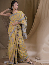 Load image into Gallery viewer, Bagru Block Printed Mul Cotton Saree - Mustard &amp; Black (With Blouse Piece)