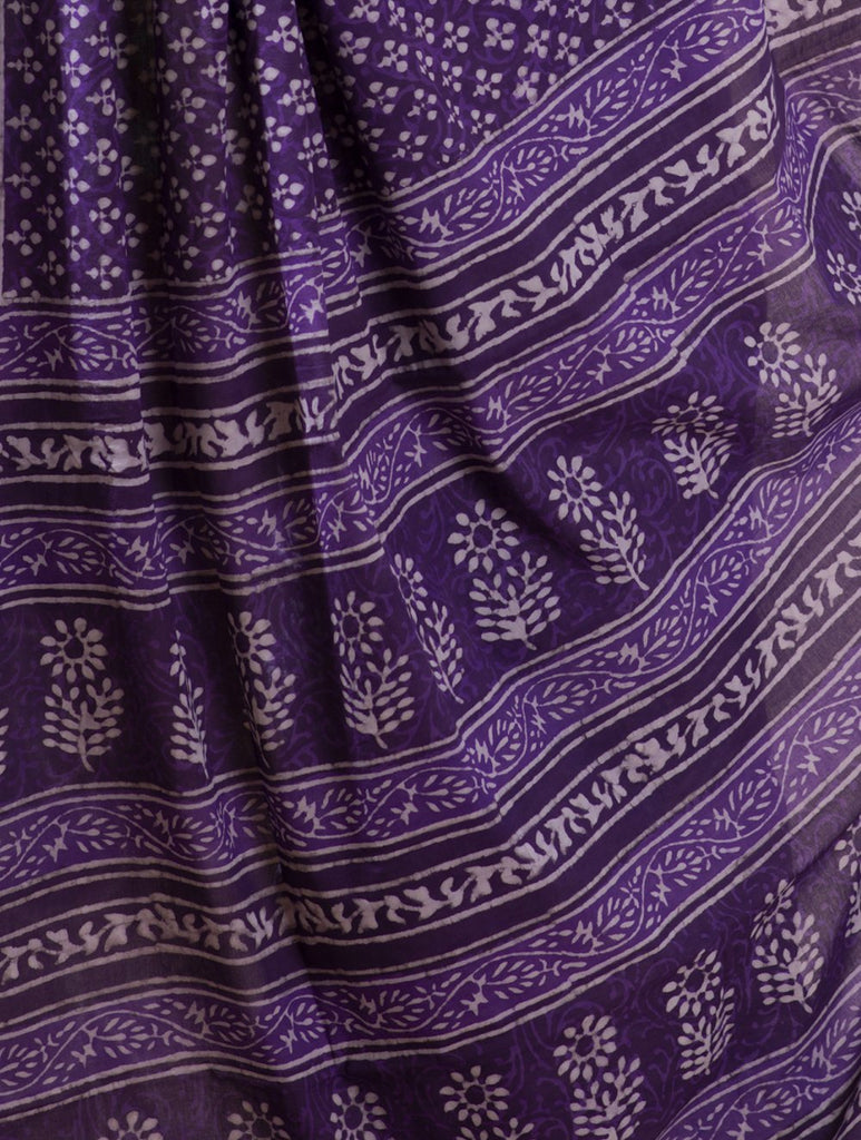 Bagru Block Printed Mul Cotton Saree - Purple & White