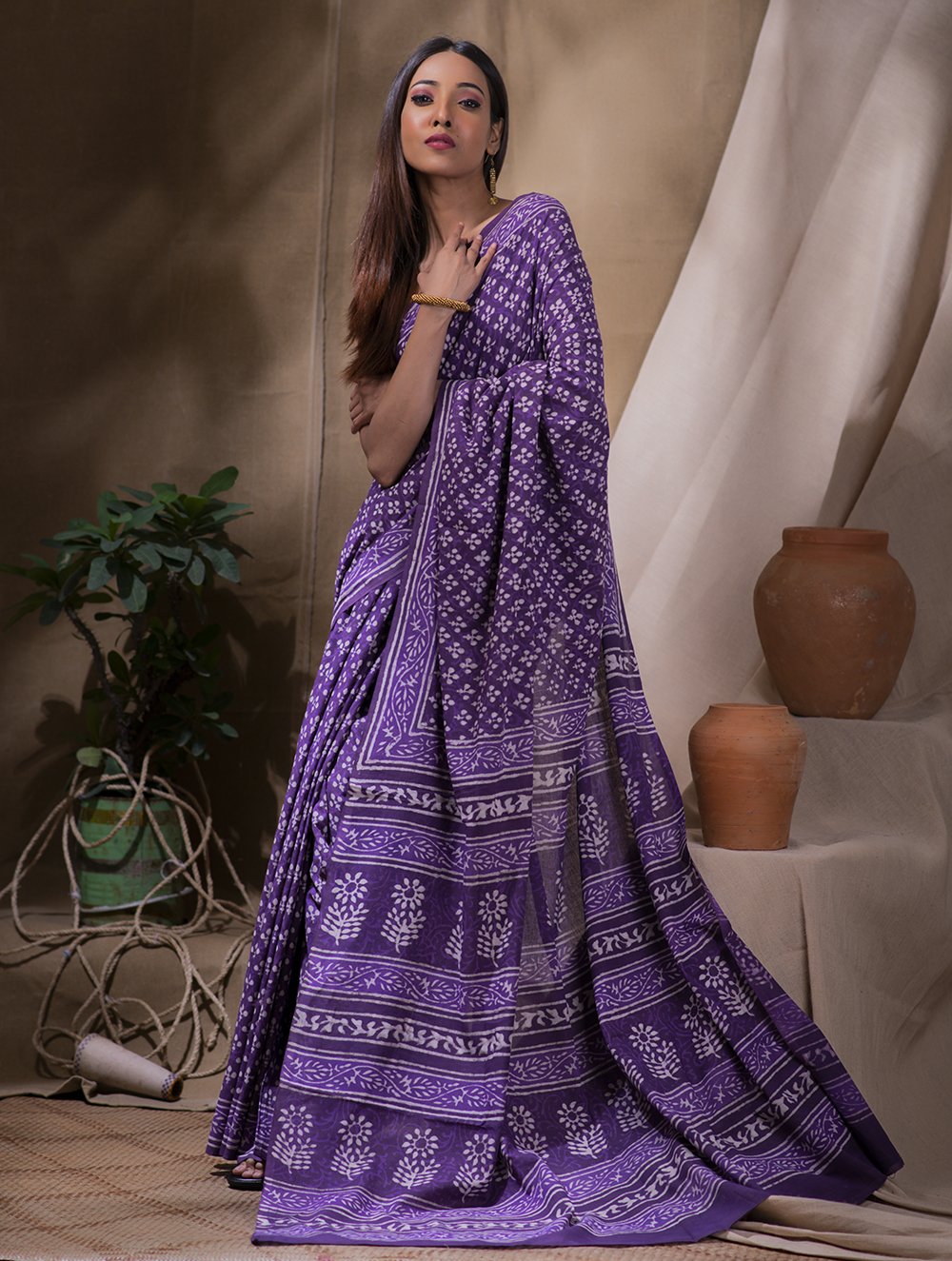 Purple & White Coloured Exclusive Hand Block printed Women Daily/Party –  Royskart