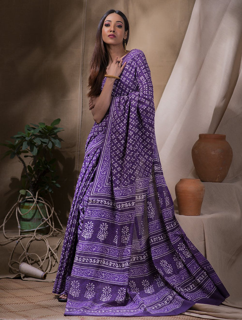 Bagru Block Printed Mul Cotton Saree - Purple & White